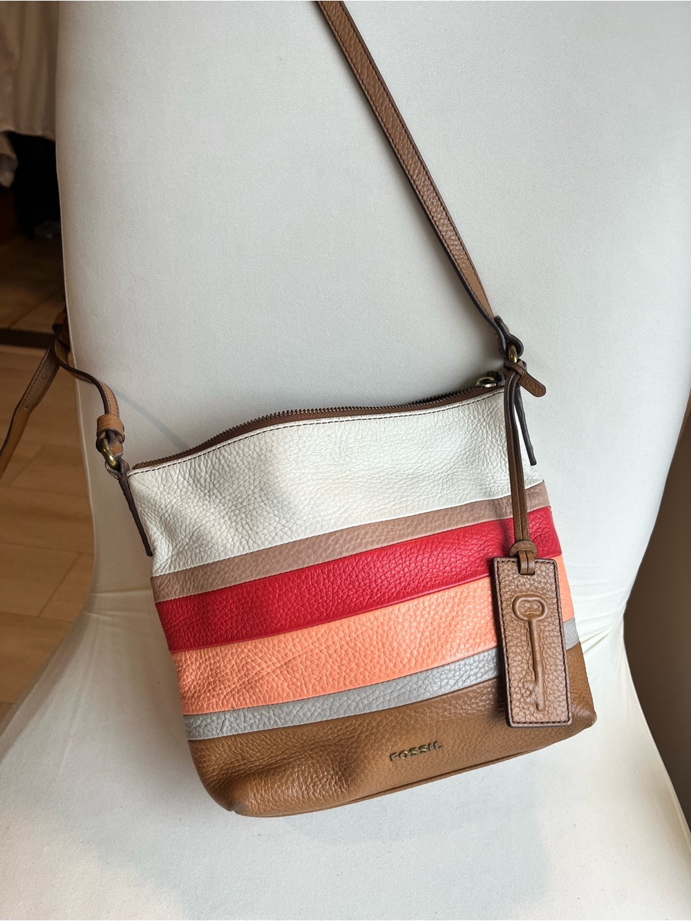 Fossil Multicolor Striped Leather Crossbody — White, Red, Coral, Tan‎